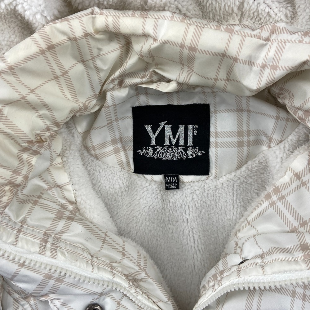Vintage Y2K YMI Jacket Sz M White Plaid Lined Ribbed Snap Front Hooded Thermal - Picture 7 of 9